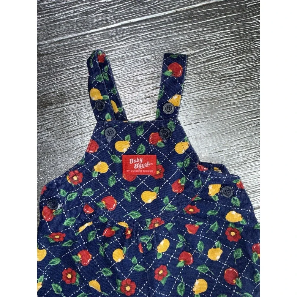 Vintage OshKosh Baby B’Gosh Vestbak Overalls 3-6M Fruit Apple Pear Floral USA 90